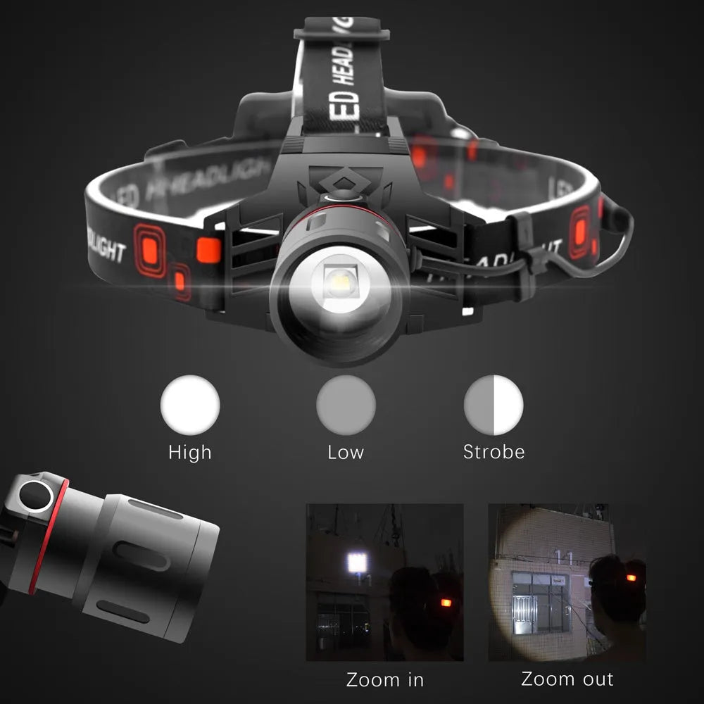 T6 LED headlamp showing white, red and green light modes with zoomable beam adjustment
