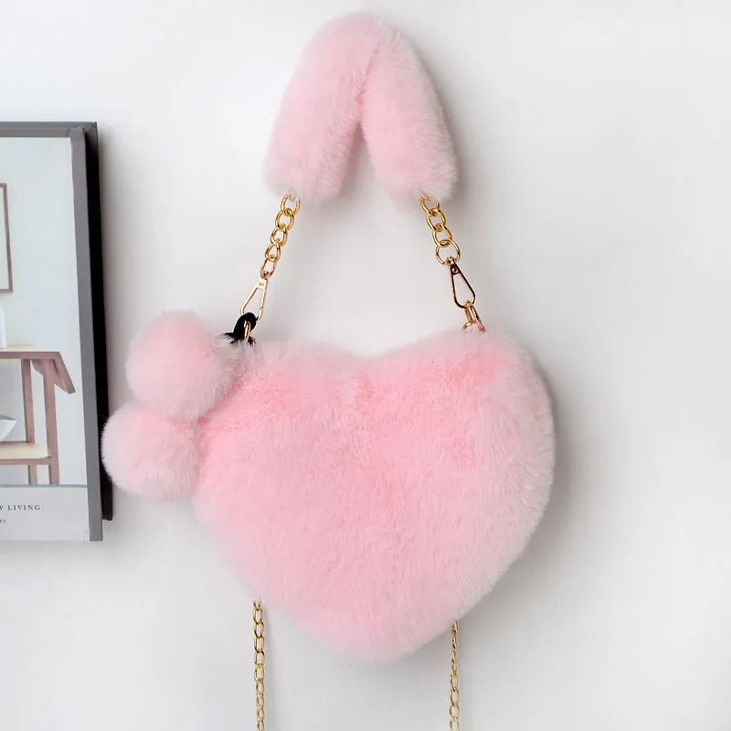 Soft plush heart-shaped women's handbag with zipper closure in various colours
