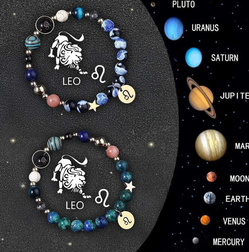 Natural stone zodiac bracelet set showing twelve astrology sign designs with mineral bead construction