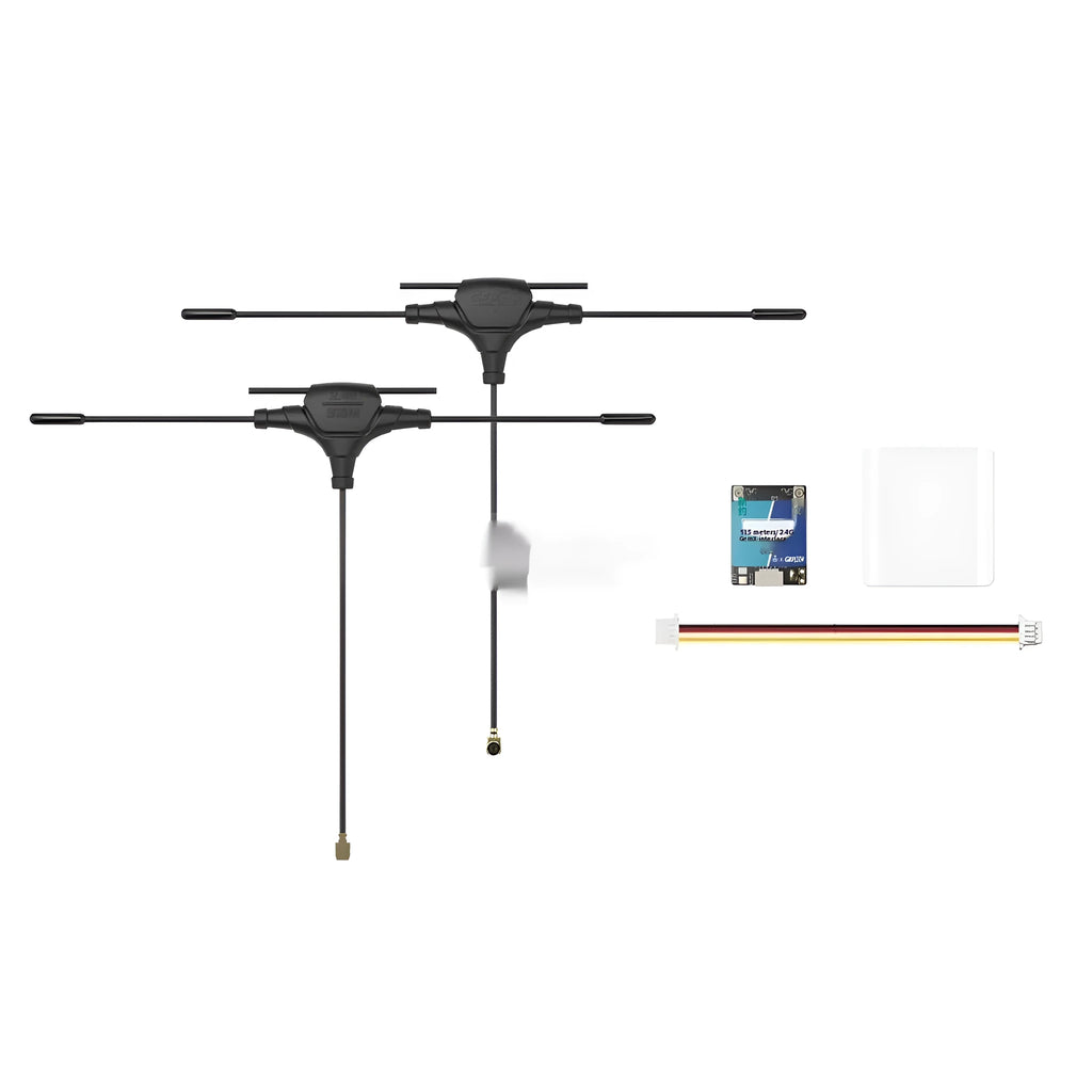 GeminiX ELRS dual-frequency FPV receiver kit with metal base station, two T-shaped antennas, and installation accessories.