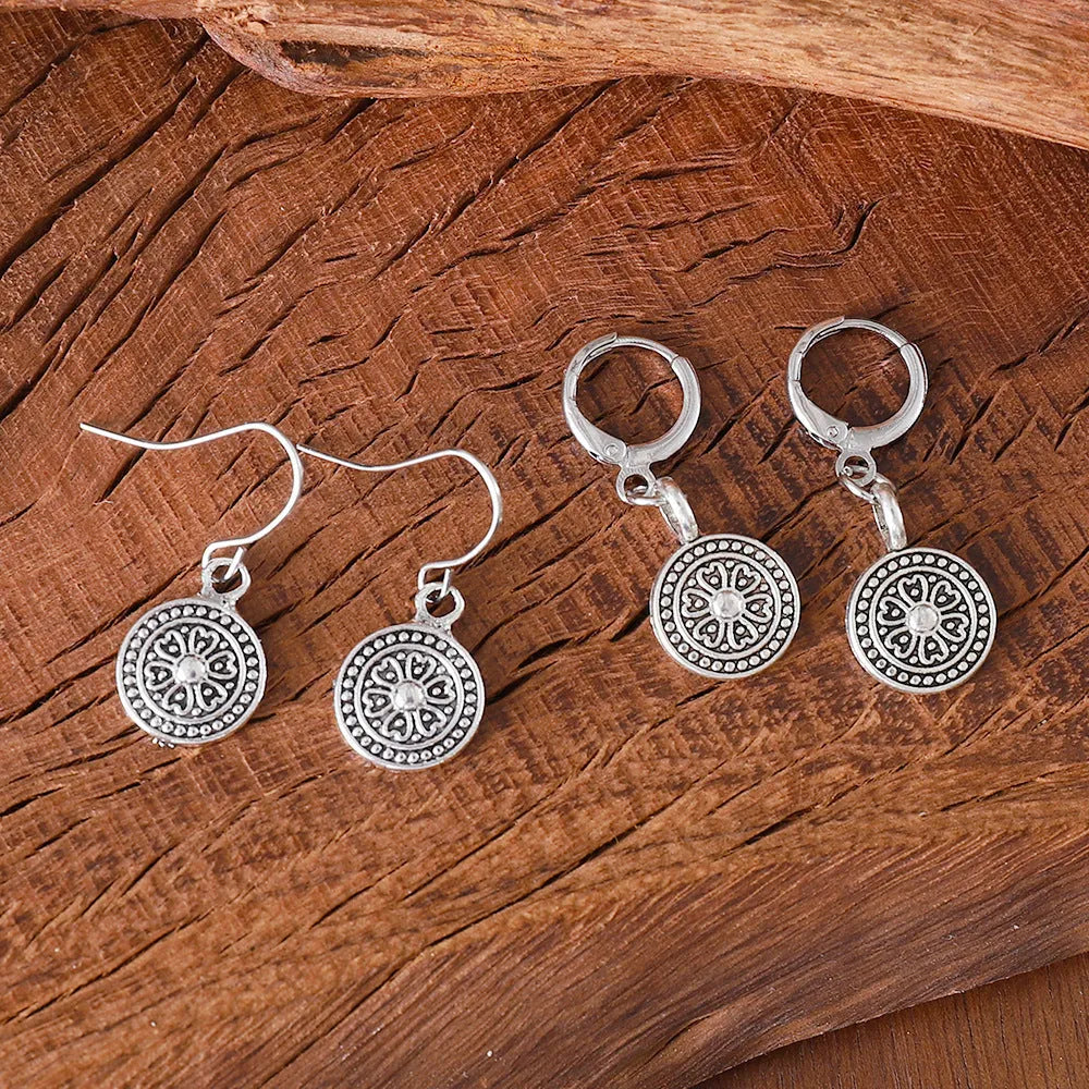Round geometric bohemian earrings with distressed ethnic retro design in zinc alloy with electroplated finish