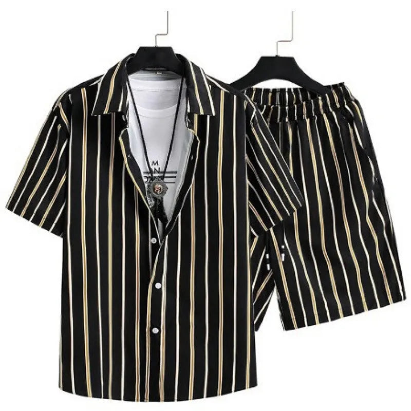 Men's short sleeve cardigan and shorts casual suit set with digital printing