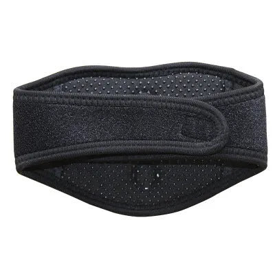 Black adjustable self-heating neck guard with magnetic therapy for pain relief.