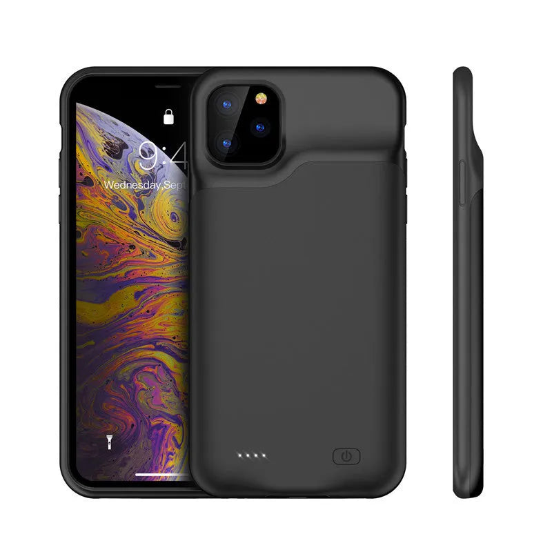 Shockproof silicone iPhone battery charger case in black, blue, pink, or white colours showing extended battery capacity.