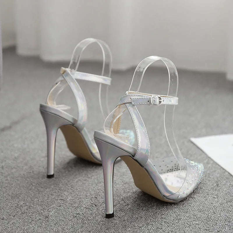 Women's pointed toe diamond sandals with stiletto heels and adjustable ankle strap