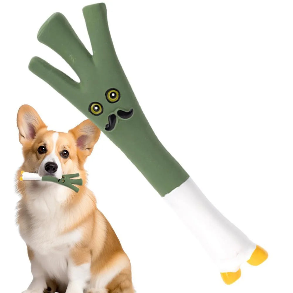 Cartoon onion and eggplant latex dog chew toy for puppies on a white background.