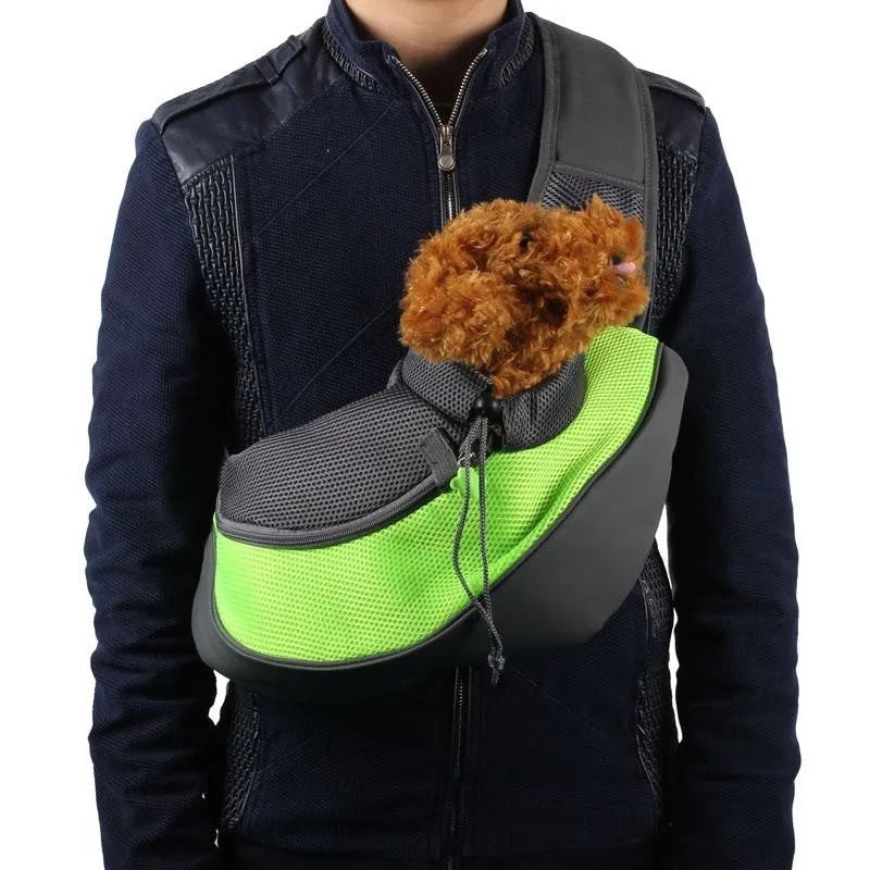 Polyester pet backpack carrier for small dog or cat, shown in blue colour with shoulder straps.