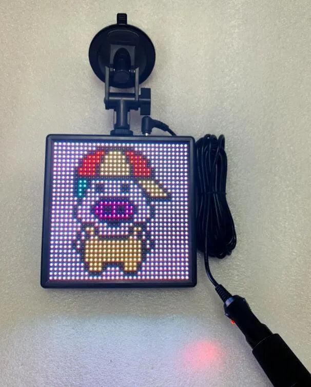 Bluetooth wireless LED car display screen with aluminium frame showing colour image transmission