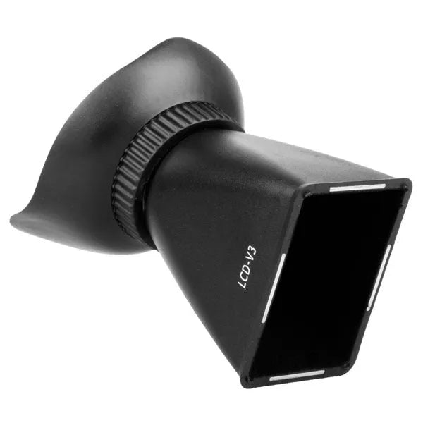 Black camera framing amplifier with magnetic mount attached to a DSLR LCD screen.