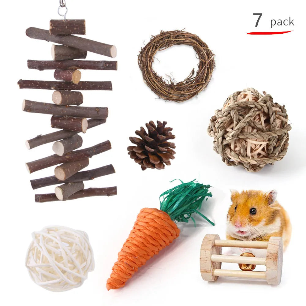 Wooden pet toy set with chewable pieces for rabbits, guinea pigs and parrots