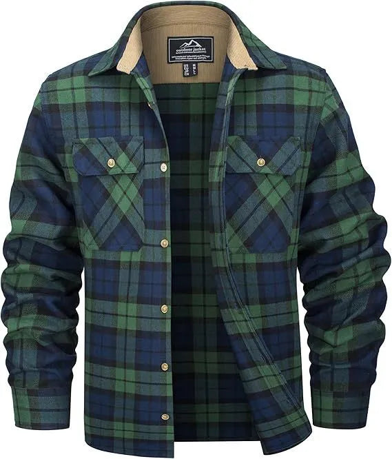 Man wearing a plaid button-down flannel shirt in cardigan style, showcasing orange and green colour options.