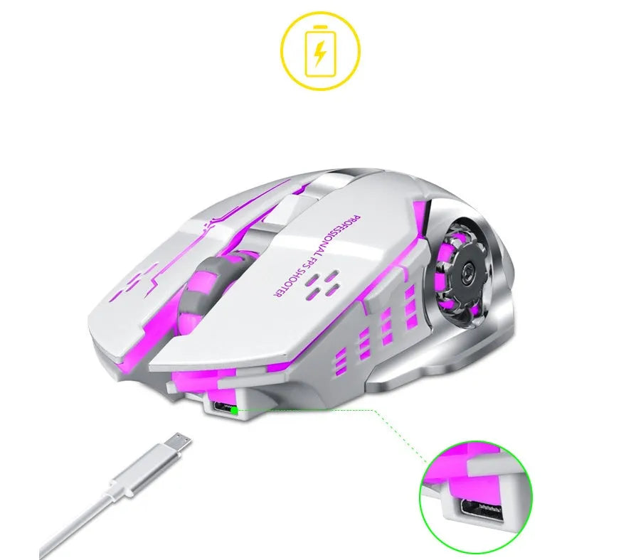 Black and white wireless quiet mouse with six buttons and 2400 DPI optical sensor for laptop computers