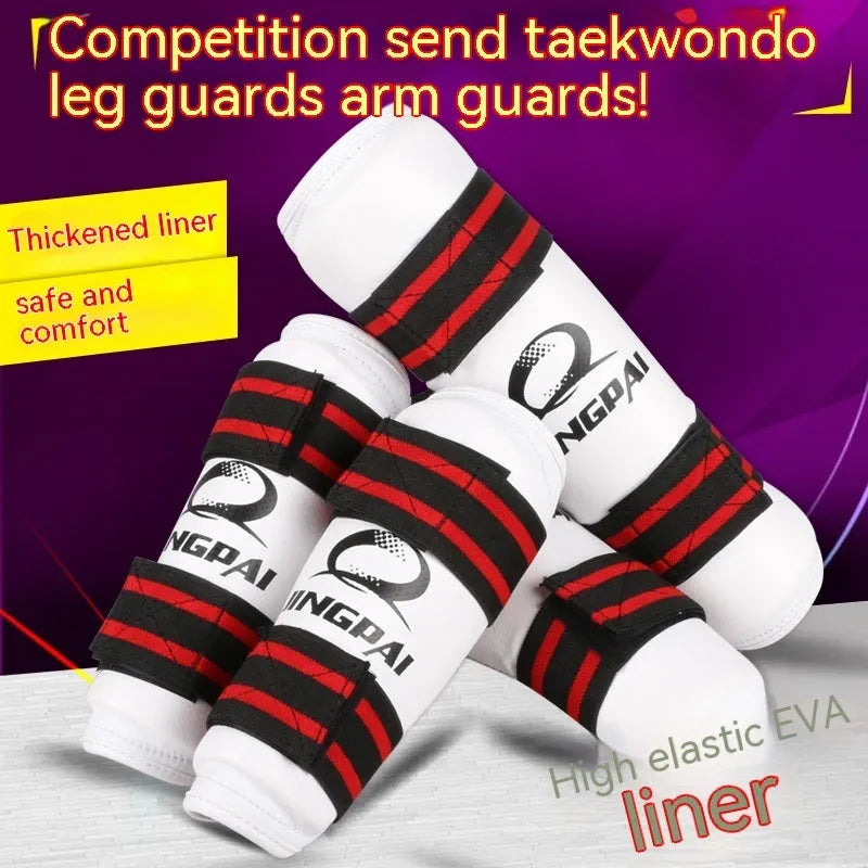 Taekwondo protective gear set showing arm guards, elbow guards, and leg protectors in multiple sizes