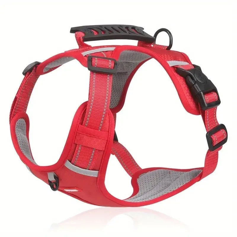 Adjustable polyester dog chest harness and lead in one of six colours: black, yellow, red, orange, pink, or Lake Blue.