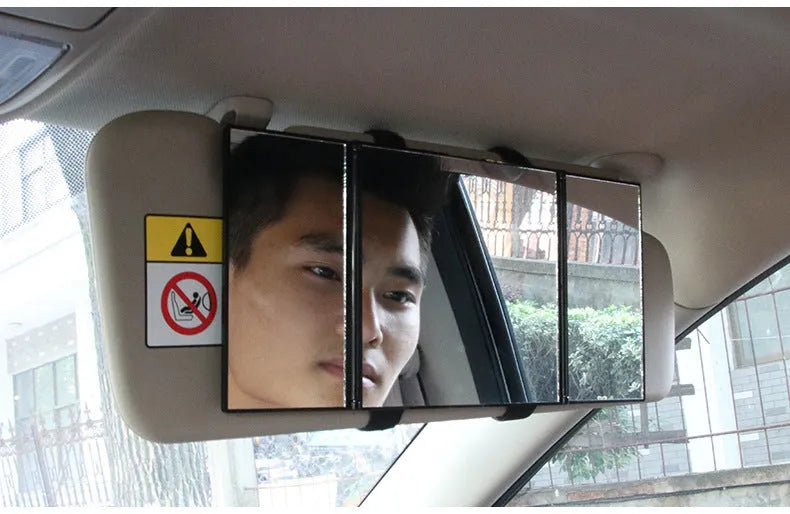 Silver folding car grooming mirror showing open and closed positions with ABS frame