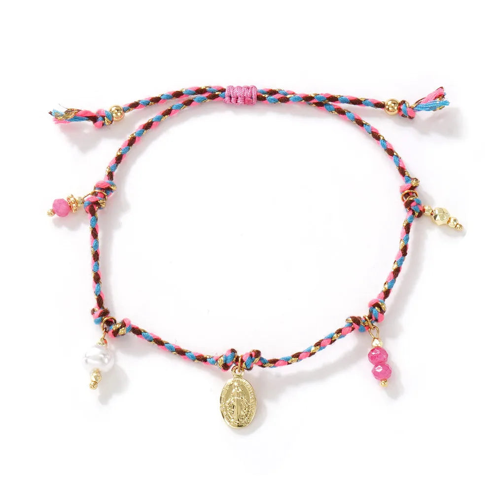 Hand-woven colourful braided rope bracelet with adjustable knot and decorative strap tag