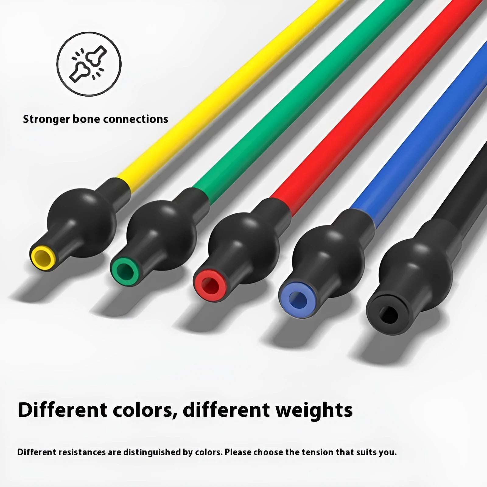 TPE chest expander exercise equipment with adjustable tension rope in yellow, green, red, blue, and black resistance options