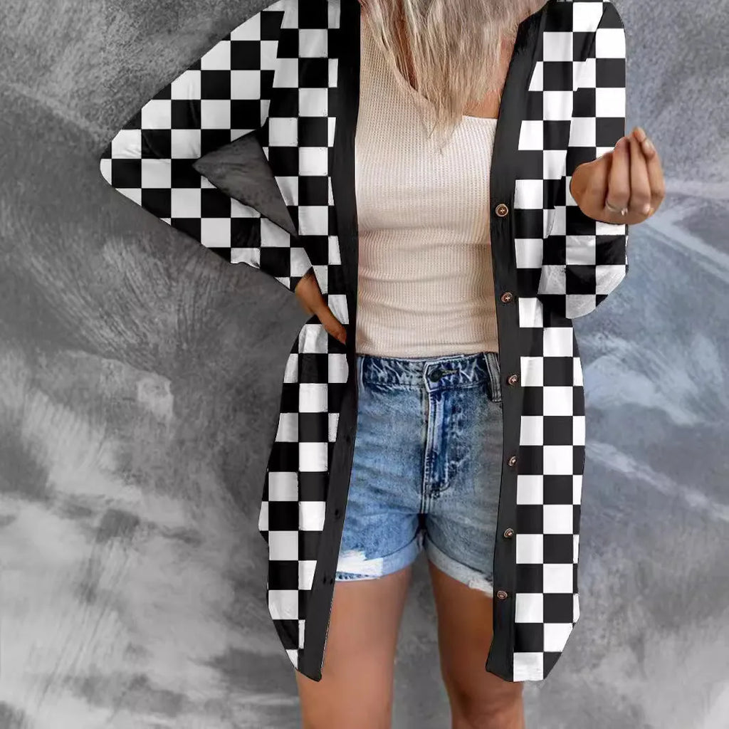 Women's long grey plaid pattern knitted cardigan coat with regular sleeves, shown on a model.