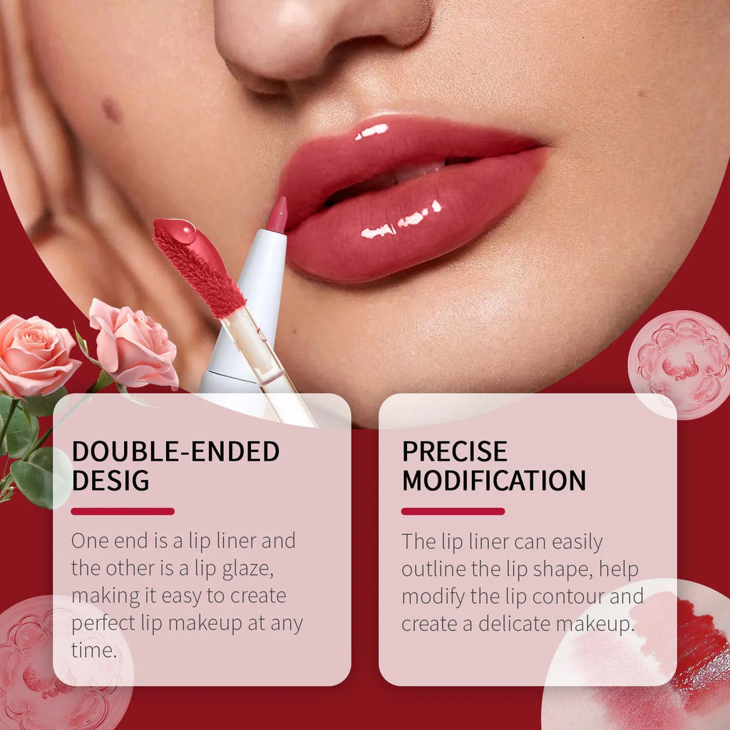 Double-headed lip liner and lip lacquer pen in three matte shades: black coffee truffle, fragrance attack, and oat almond.