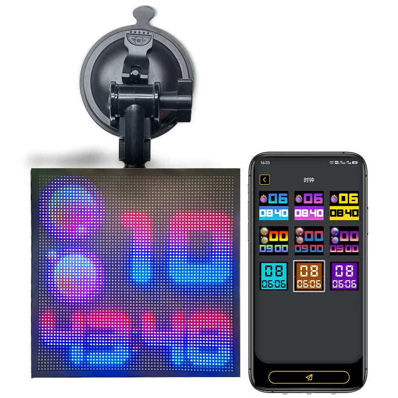 Bluetooth wireless LED car display screen with aluminium frame showing colour image transmission
