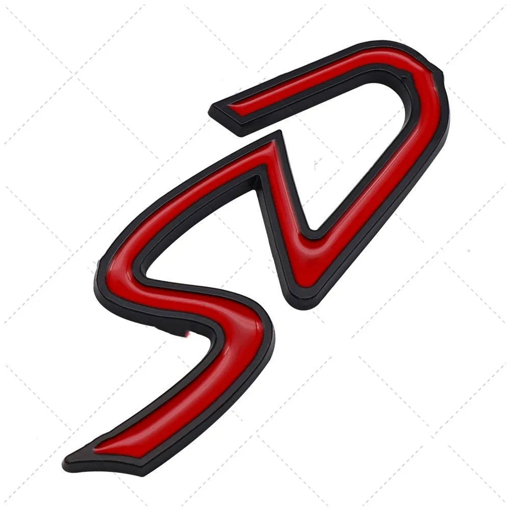 SD D metal car bumper stickers in red silver and red black colour variations showing three size options