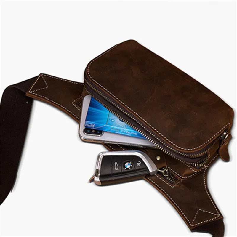 Brown top layer cowhide leather men's sports waist bag showing pull closure
