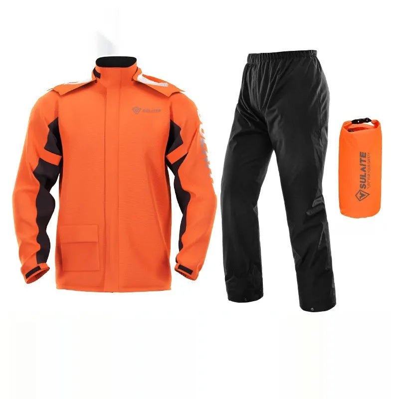 Motorcycle rain suit set showing split raincoat, rain pants, hidden shoe covers, and storage bag.