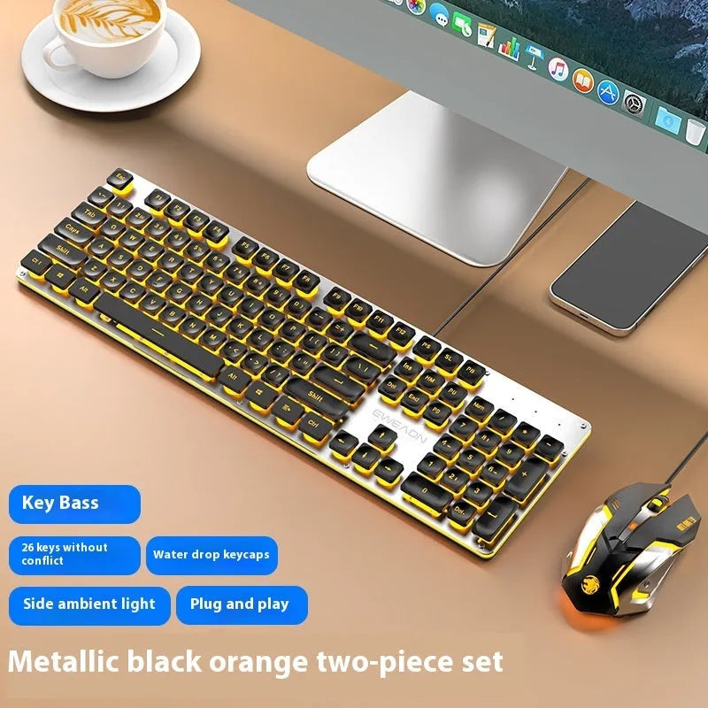 Wired mute keyboard with mechanical feel keys, shown in a Metal Black case with blue LED backlighting.