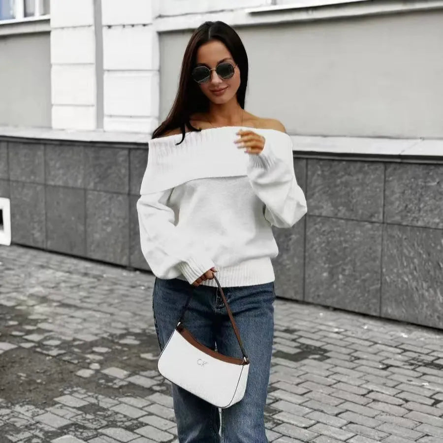 Off-the-shoulder strapless sweater with 3D pattern in grey, white, or wine red colours