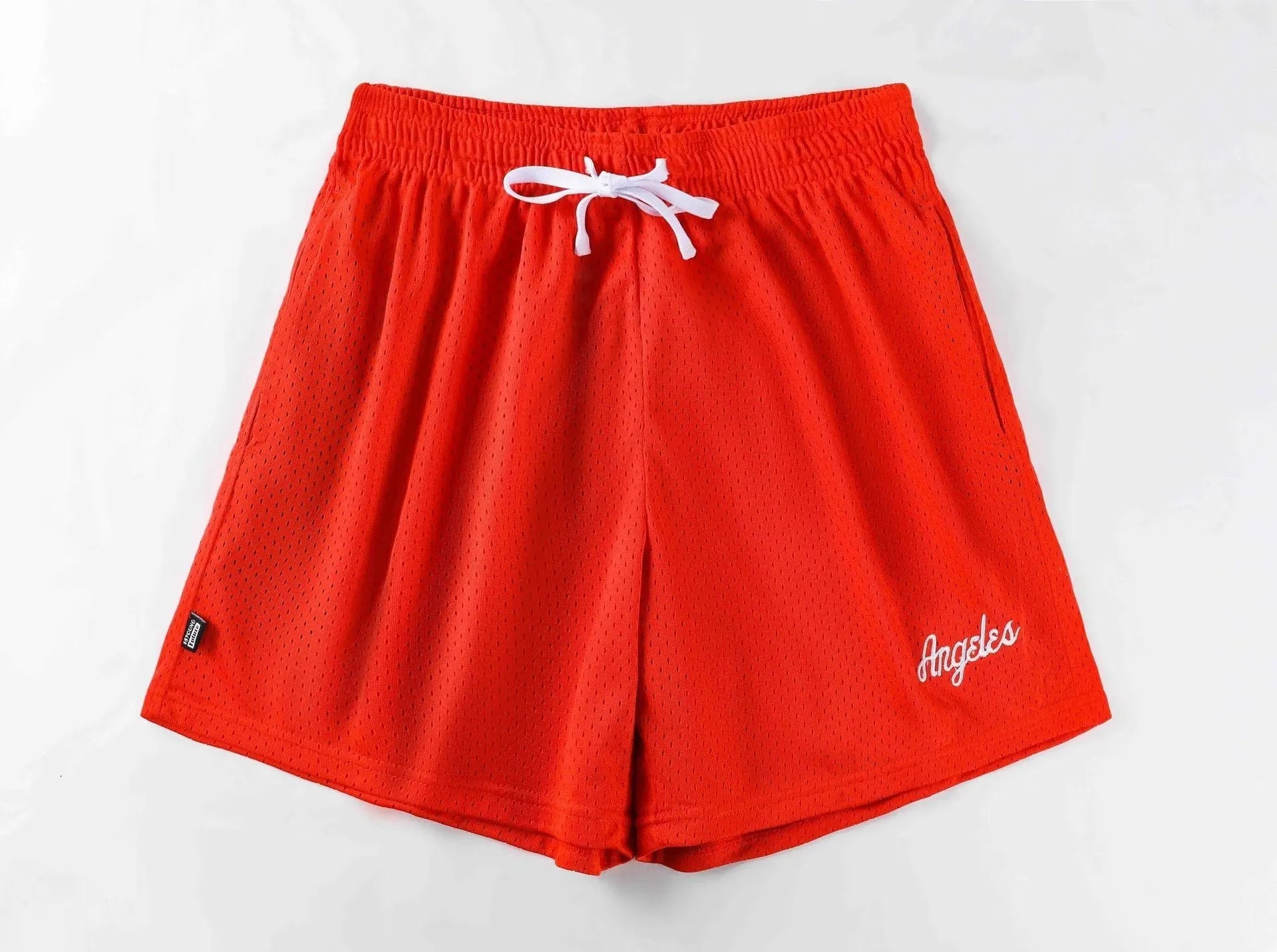 Men's black double-layer mesh shorts laid flat, showing sports and leisure style.