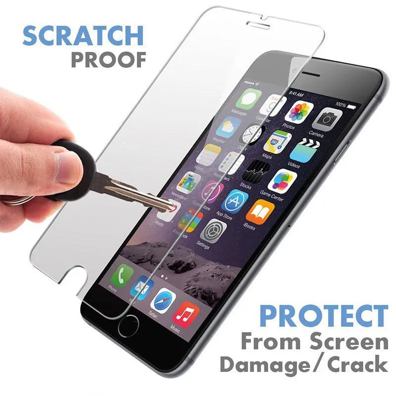 Tempered glass screen protector for iPhone showing transparent anti-fingerprint front film