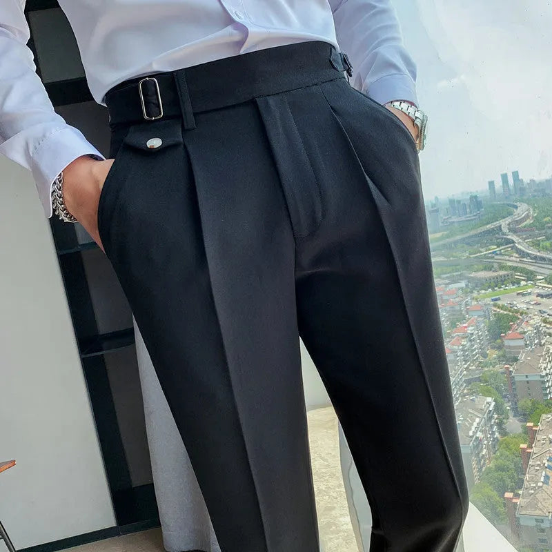 Straight leg casual trousers in solid colours on a hanger.