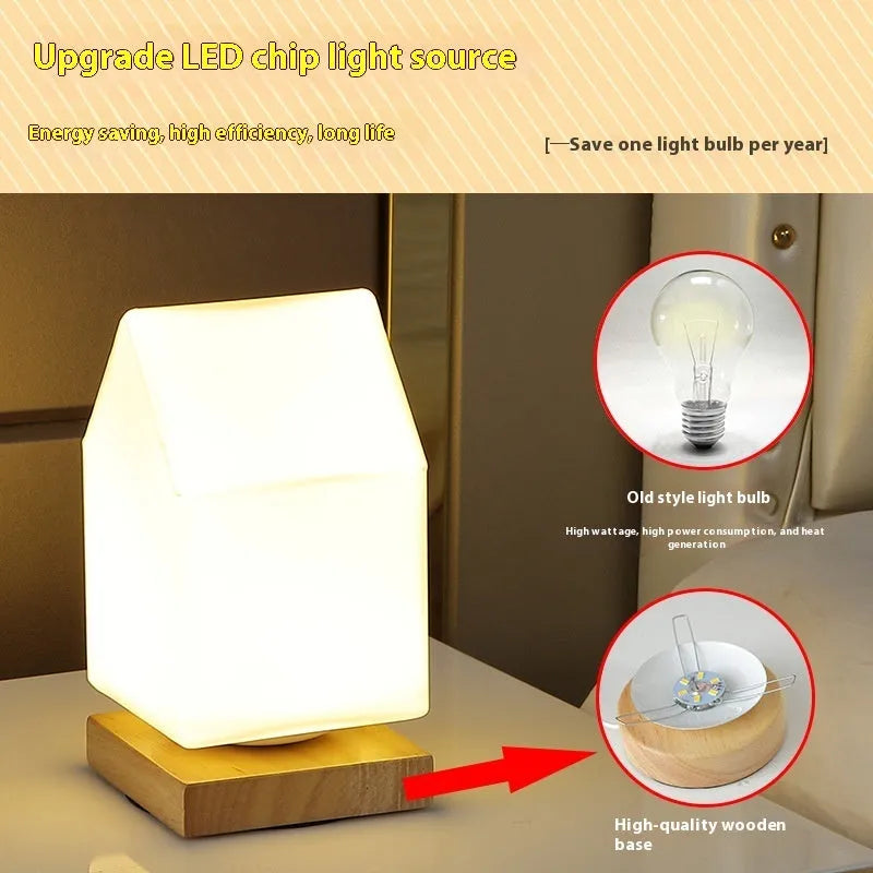 Nordic solid wood USB table lamp with touch dimming showing cube, cylinder, and ball light modes