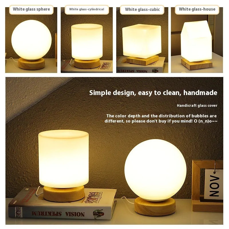 Nordic solid wood USB table lamp with touch dimming showing cube, cylinder, and ball light modes