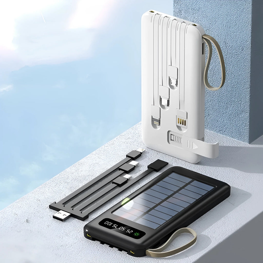 Solar power bank in black or white with charging cable, showing front panel and side dimensions