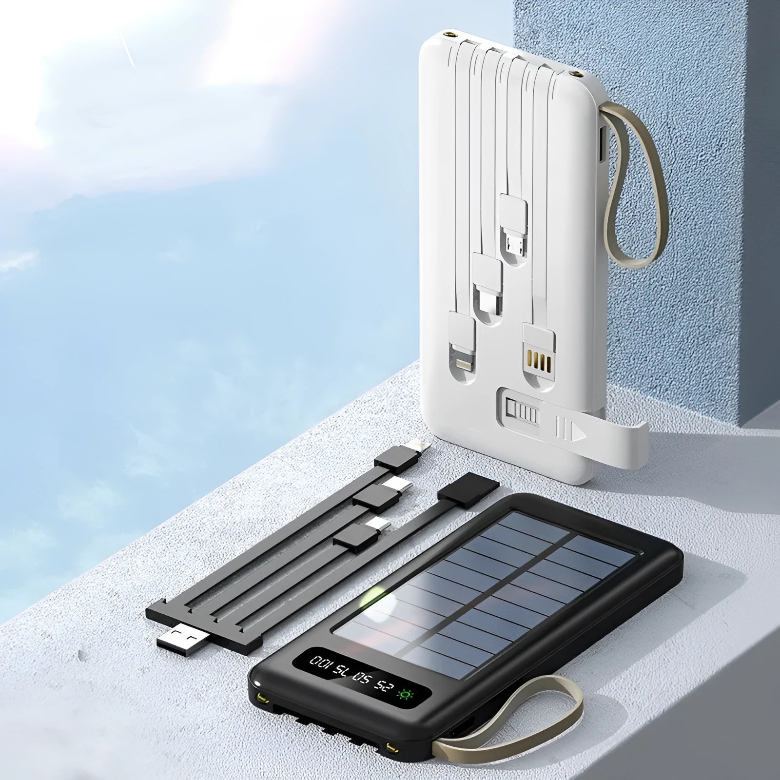 Solar power bank in black or white with charging cable, showing front panel and side dimensions