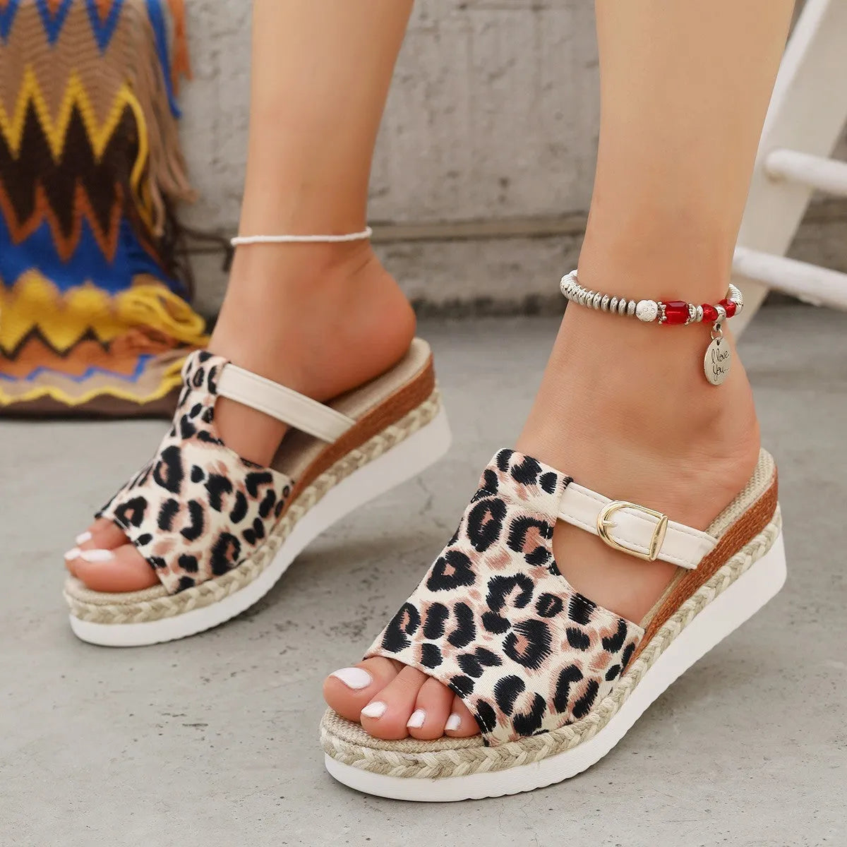 Leopard print wedge platform sandals with fish mouth open toe and 4cm heel