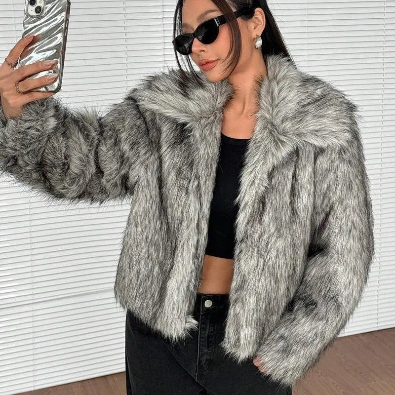 Short-length artificial fur coat with a thick fur collar, shown in one of six available colour options.