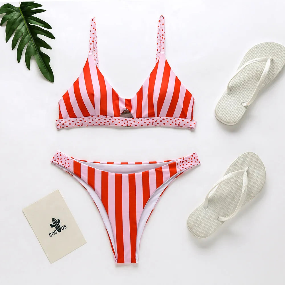 Women's bikini swimsuit set shown in black and white dot and red and white stripe patterns