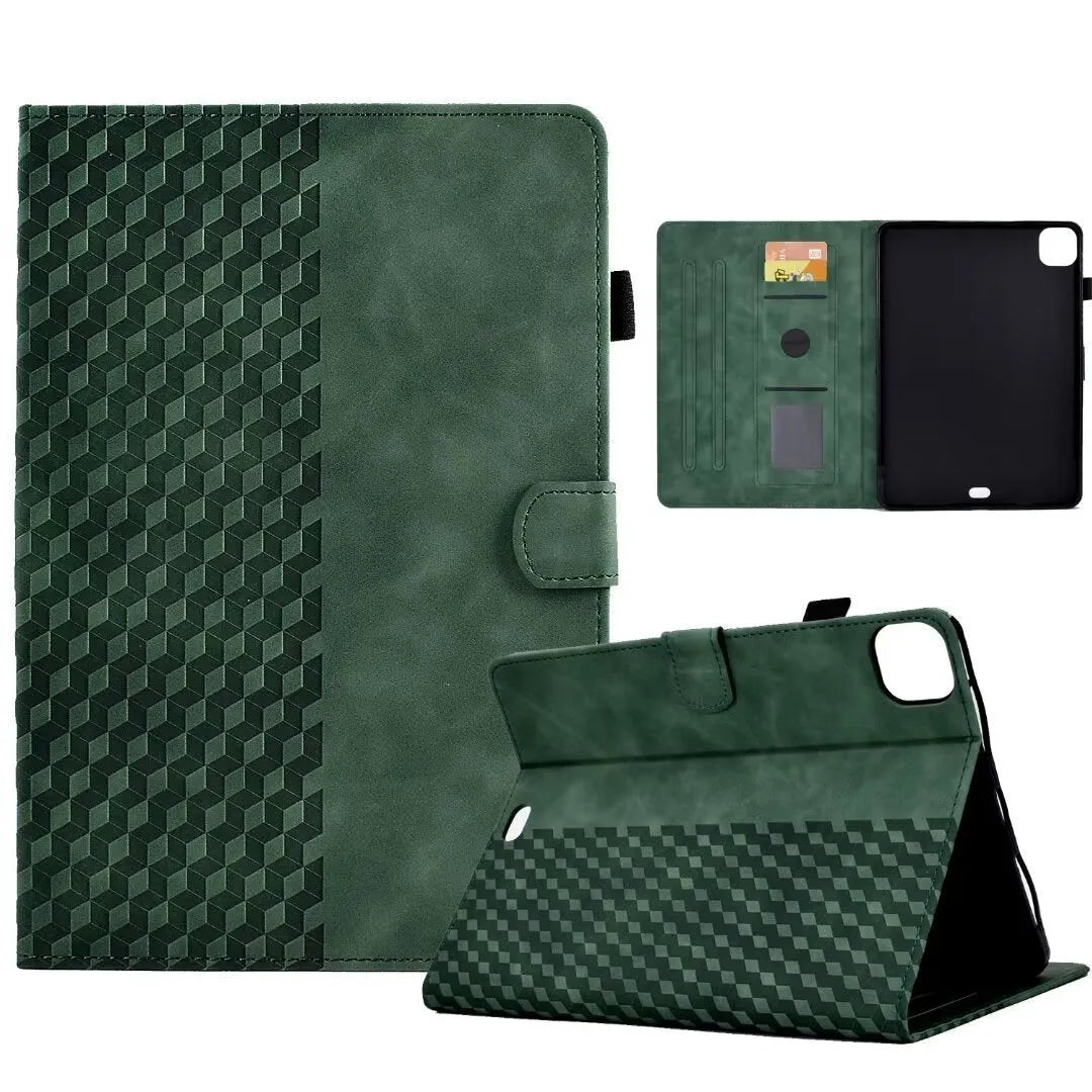 Leather tablet case for iPad Pro 11 with card slot and folded-out kickstand, shown in diamond black finish.