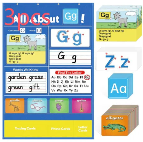 Children's alphabet learning chart sleeve table with educational cards spread on 60x40cm wipe-clean surface