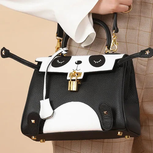 Women's horizontal square cow leather handbag with a sweet lady panda animal print.