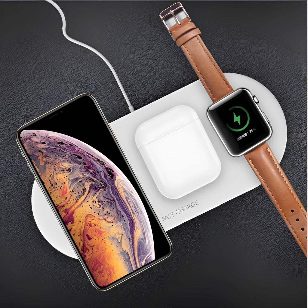 A black or white 3-in-1 wireless charging station for Apple iPhone, watch, and headphones on a desk.