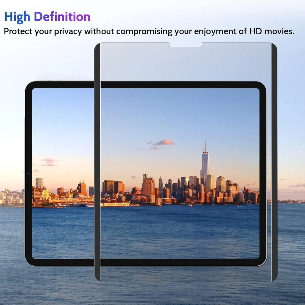 Magnetic suction anti-peeping film for iPad on a table next to an iPad and storage clip.