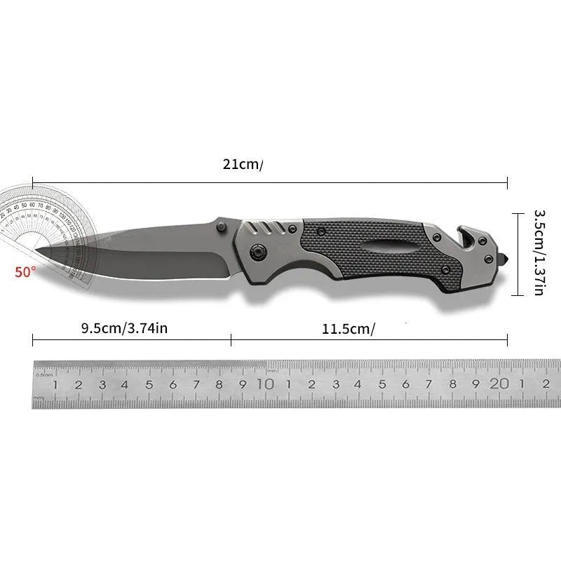 Alloy folding knife with extended blade showing 60-degree tip angle and handle options