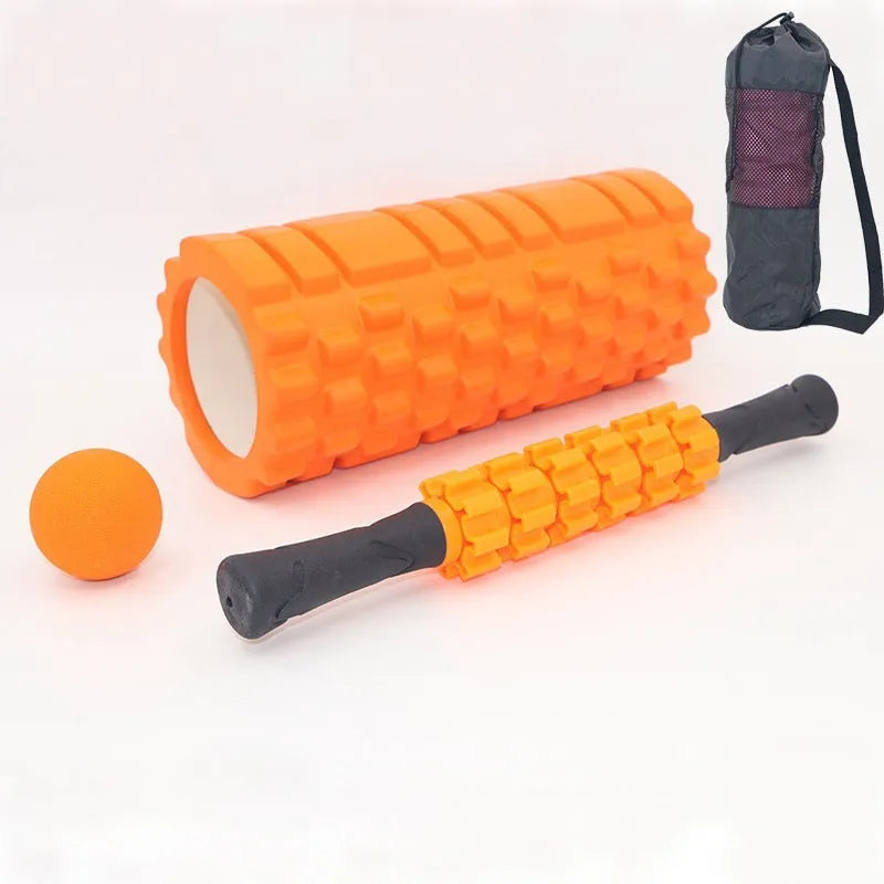 Black 33cm fitness foam roller massage kit with foam, EVA and PVC construction.