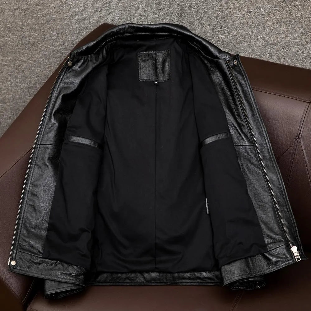 Men's black lapel PU leather jacket with side pockets and loose fit design for plus size wearers