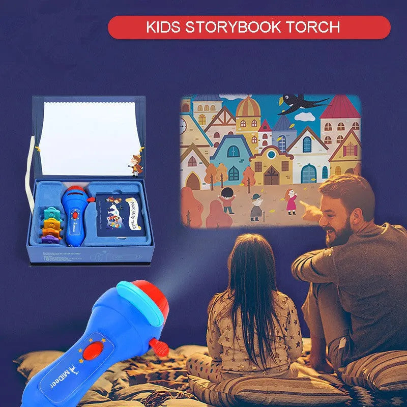 SmartKids story projector torch with four projection discs showing fairy tale images on bedroom wall