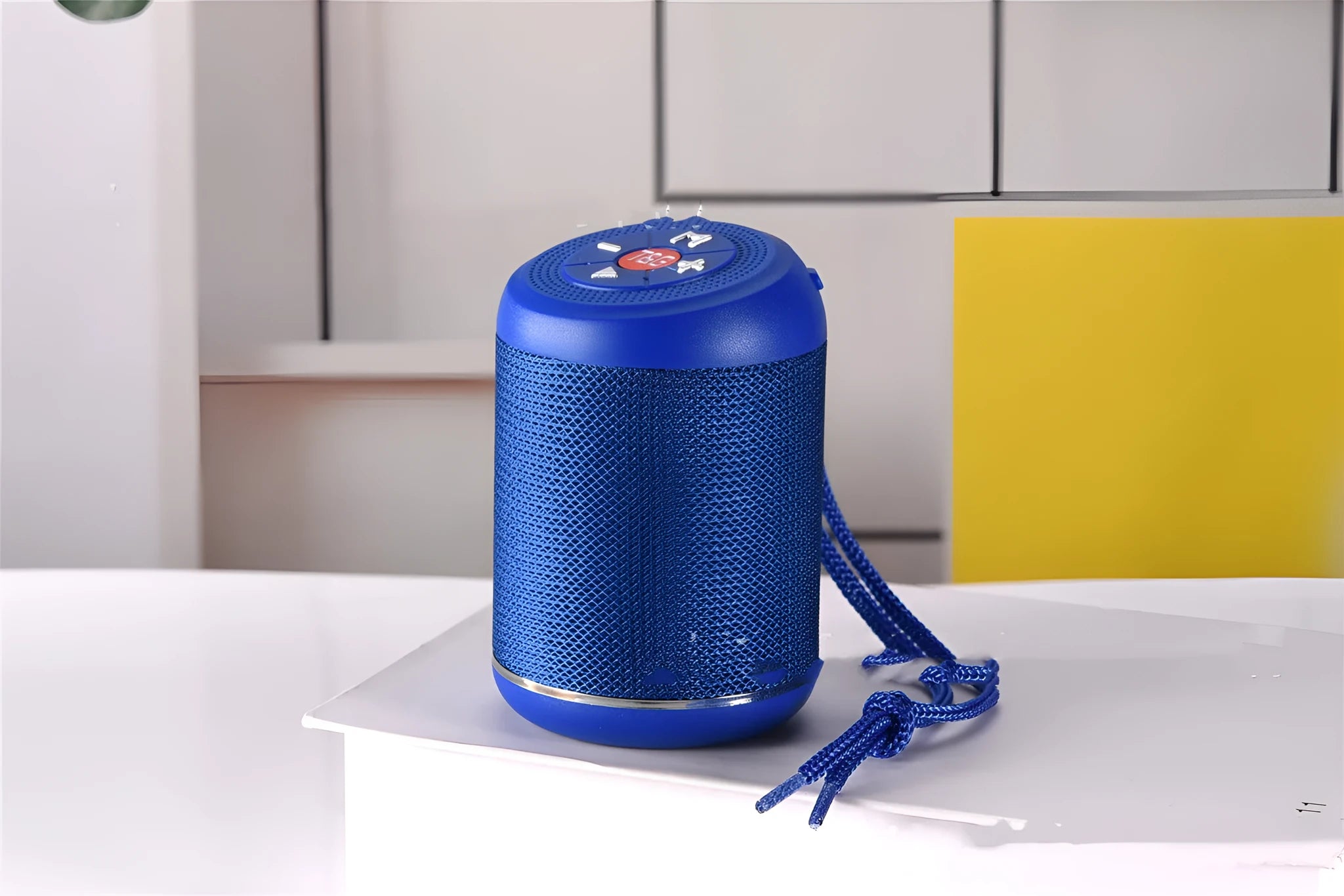 Portable outdoor Bluetooth subwoofer speaker shown in available colours: black, blue, camouflage, light blue, red, or silver.