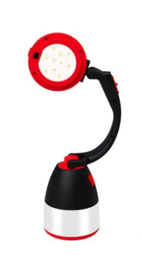 Black green foldable 3-in-1 LED camping lamp with USB charging port shown in open and closed positions.